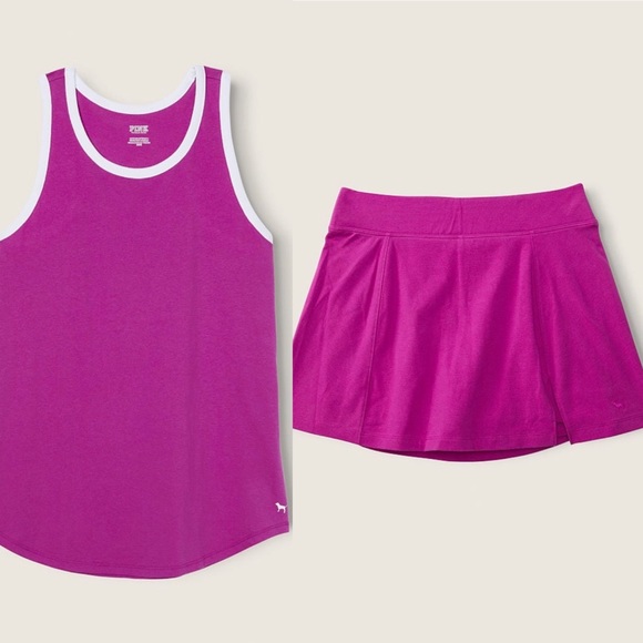VS Pink SET Dahlia Magenta Knit Racerback Tank Top Matching Cotton Active Skort